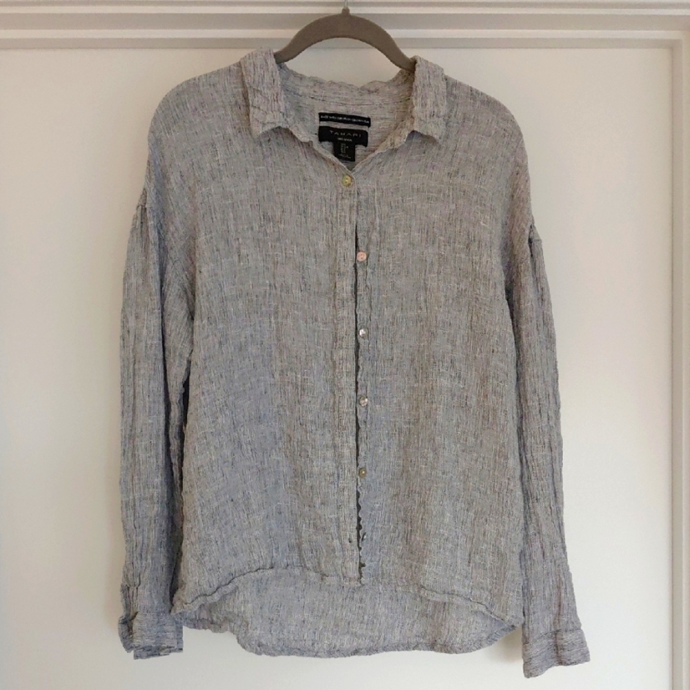 Tahari Gray Button-Down Linen Shirt